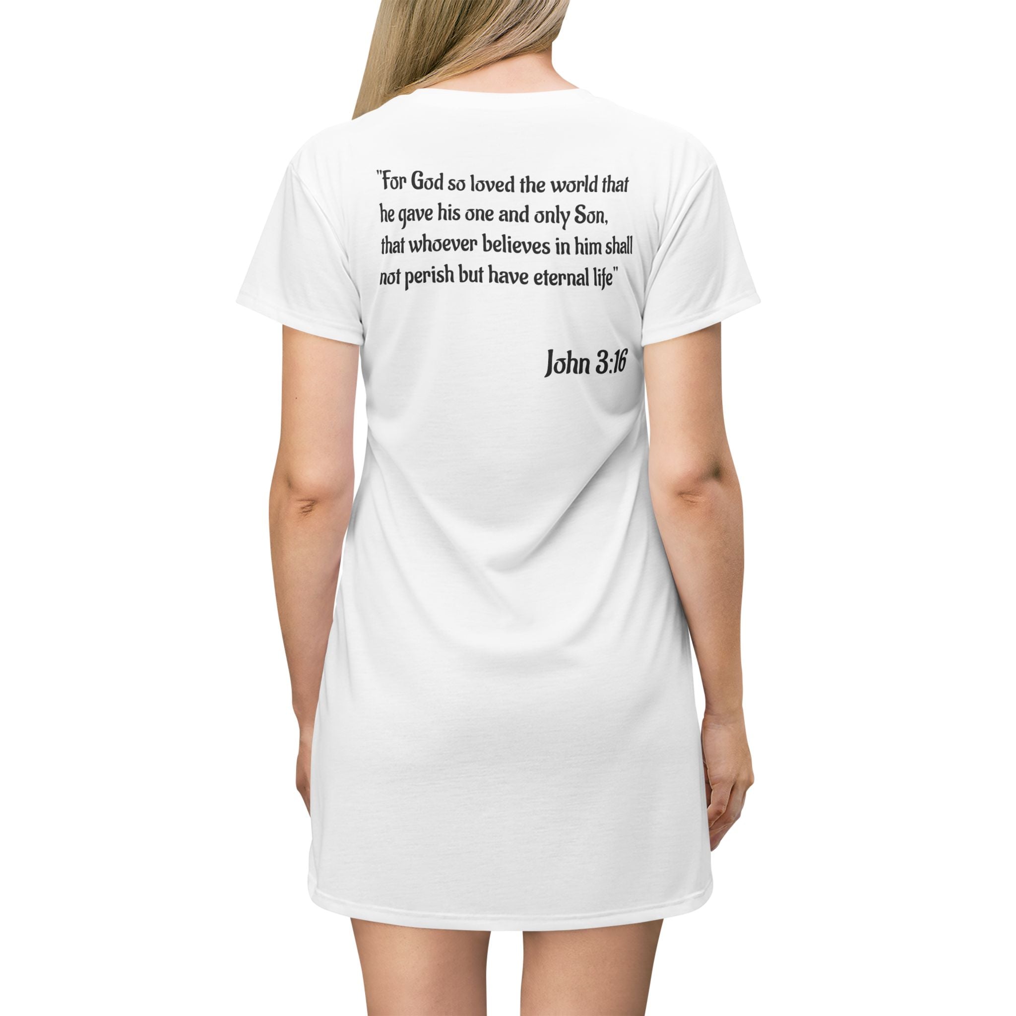 John 3:16 Faith Cross T-Shirt Dress – Christian Scripture Skirt Dress (White)