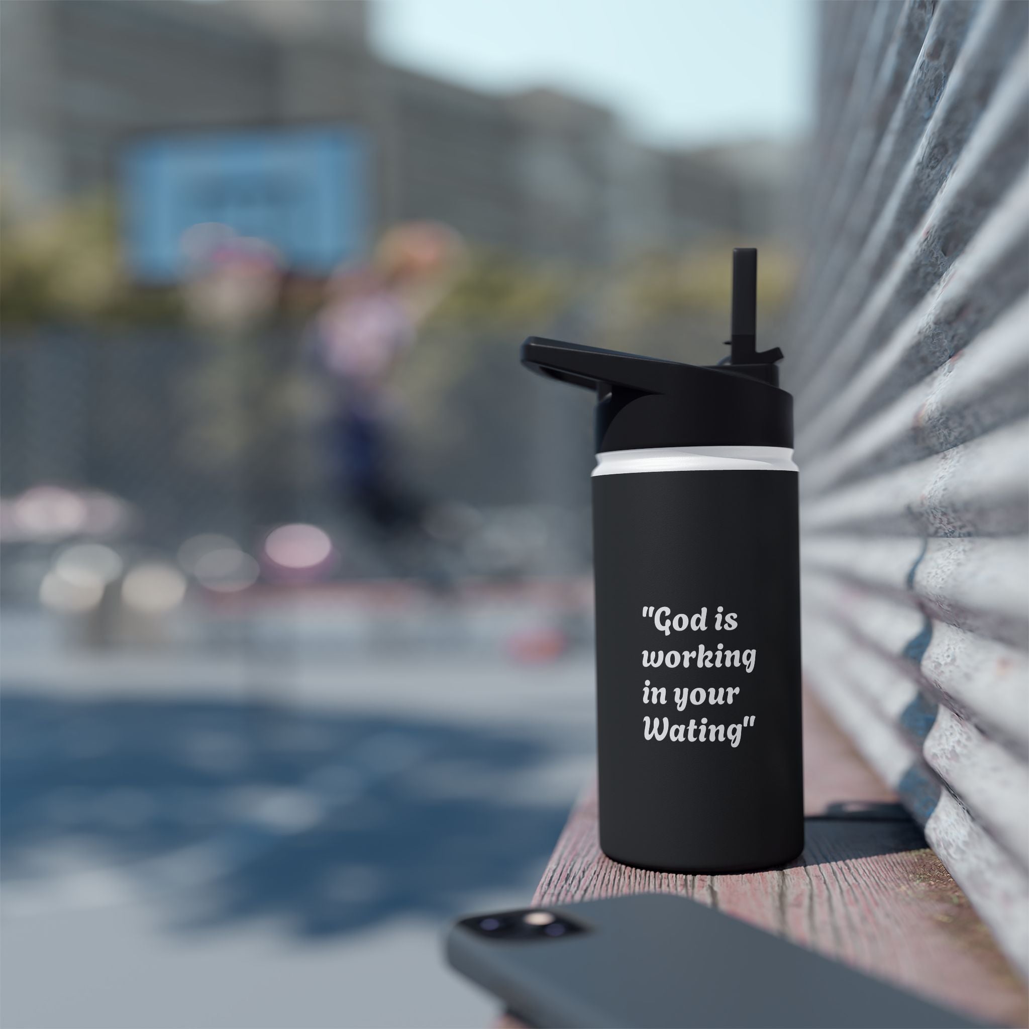 Black Christian water bottle "God is working in your waiting"