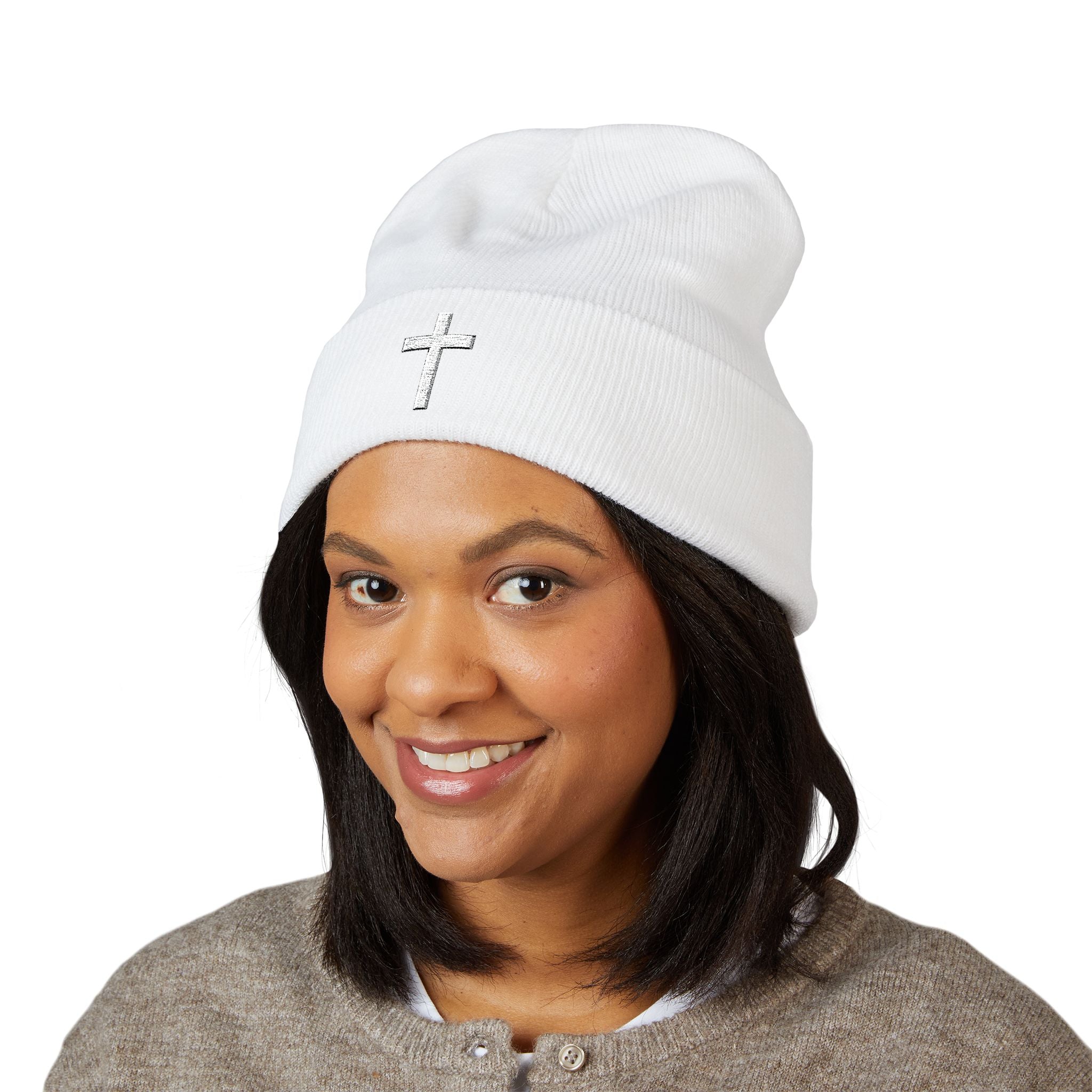Faith Cross Cuffed Beanie – Minimal Christian Knit Hat