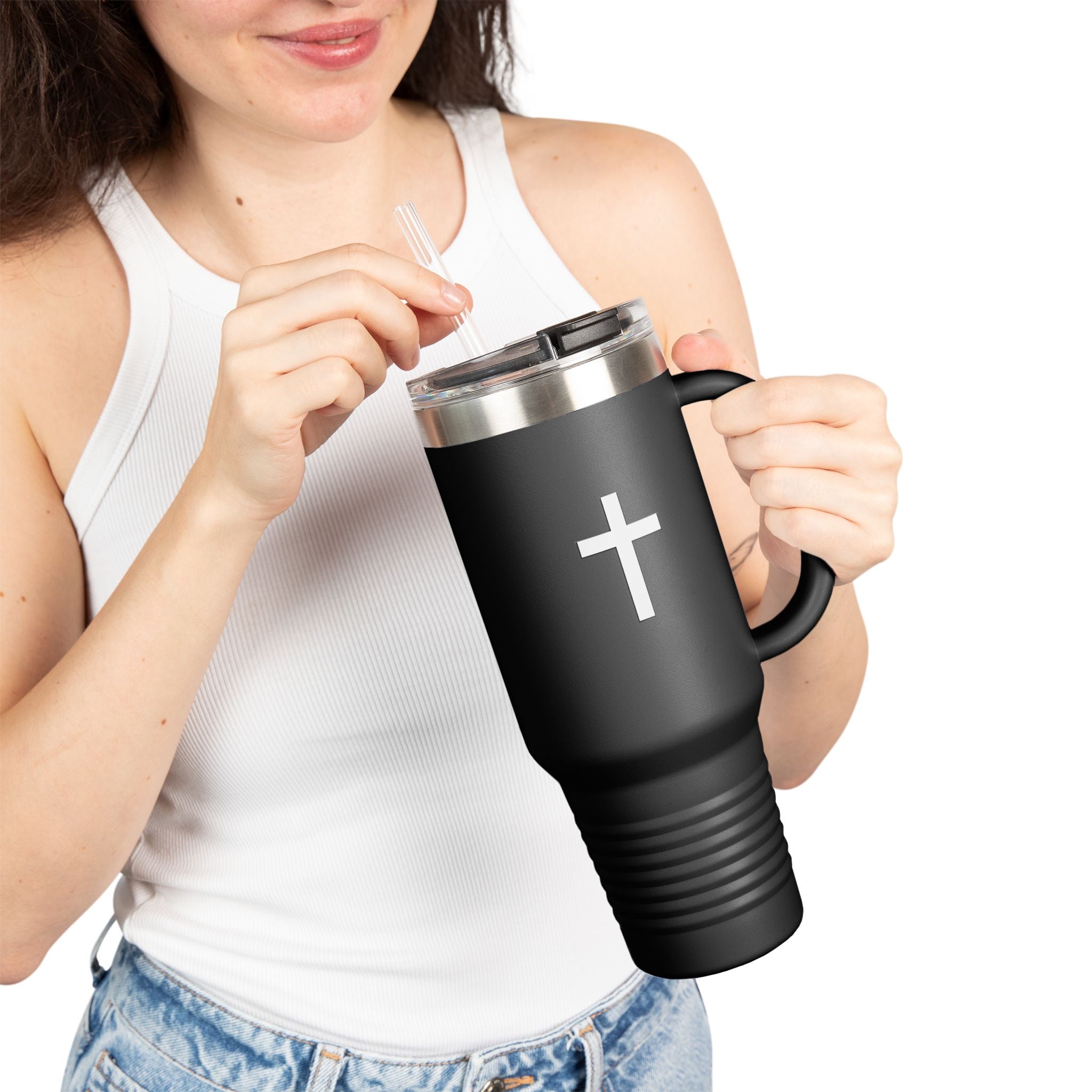 40oz Christian Cross Insulated Travel Mug with Handle & Straw – Faith-Based Stainless Steel Tumbler